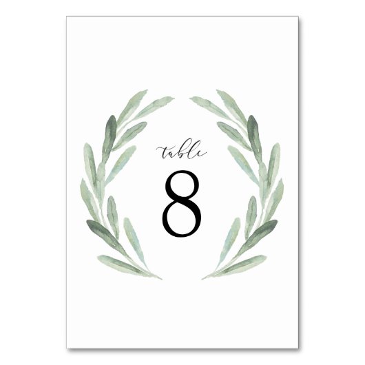 シンプルな水彩画のリースの緑の草木の結婚式のテーブル テーブルナンバー (正面)