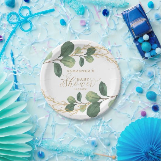シンプルな水彩画の緑の草木の植物のベビーシャワー ペーパープレート (パーティー)
