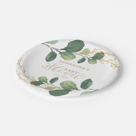 シンプルな水彩画の緑の草木の植物のベビーシャワー ペーパープレート (アングル)