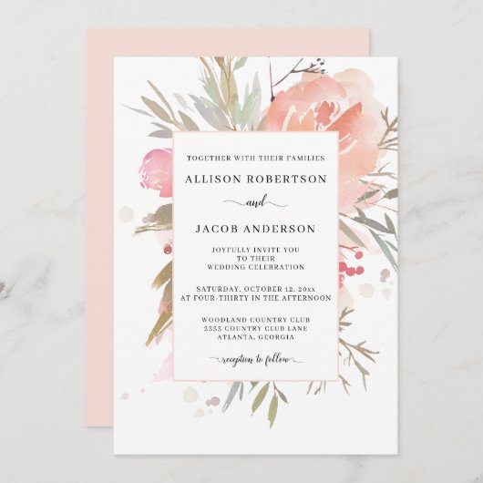 シンプルな水彩 フラワー ブッシュピンク ウェディング 招待状 (正面/裏面)