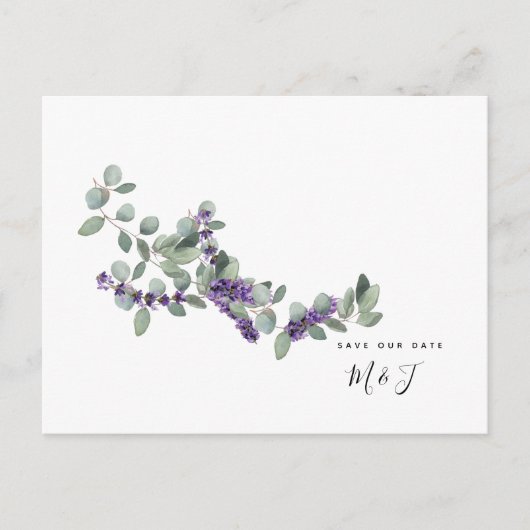 シンプルな水彩 ラベンダー&葉っぱ おふたりの結婚式のご案内 ポストカード (正面)