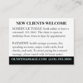 シンプルな水、黒、および白いマッサージのセラピーカード 名刺 (裏面)