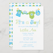 シンプルな洗濯物干しボーイ ベビーシャワー招待状 招待状 (正面/裏面)