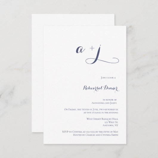 シンプルな海軍モノグラムのリハーサルの夕食の招待状 招待状 (正面/裏面)