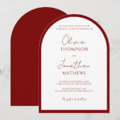 シンプルな深紅の赤い枠のスクリプト結婚式のアーチ 招待状 (正面/裏面)
