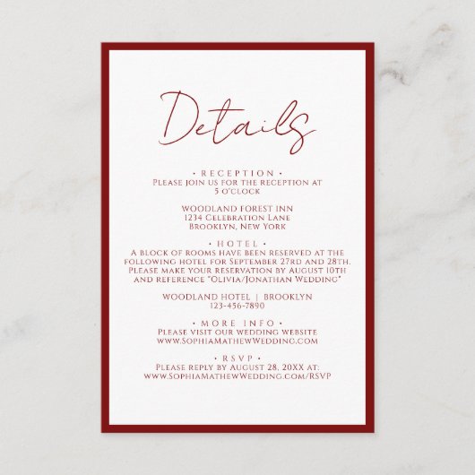 シンプルな深紅の赤い枠のスクリプト結婚式の詳細 エンクロージャーカード (正面)