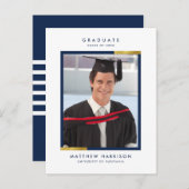 シンプルな濃紺及び金ゴールドの写真の卒業パーティー インビテーションポストカード (正面/裏面)