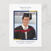 シンプルな濃紺及び金ゴールドの写真の卒業パーティー インビテーションポストカード (正面)