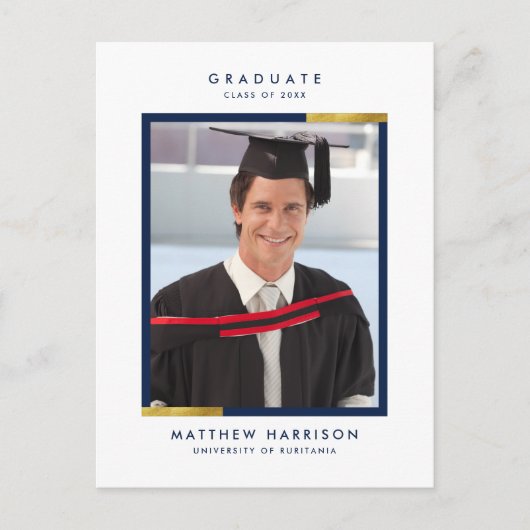 シンプルな濃紺及び金ゴールドの写真の卒業パーティー インビテーションポストカード (正面)