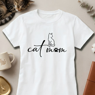 シンプルな猫ママのカリグラフィーデザインと肉球のマーク Tシャツ