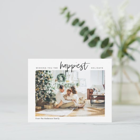 シンプルな現代の家族写真 | 幸せなホリデー ポストカード (スタンド正面)