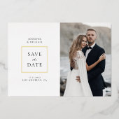 シンプルな白い写真日付を保存 箔招待状 (正面)