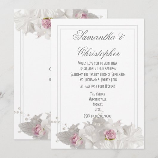 シンプルな白い花のミニマルウェディング 招待状 (正面/裏面)
