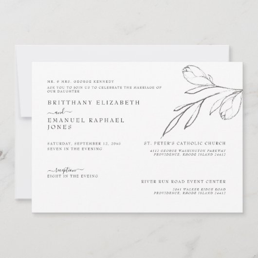 シンプルな白い花嫁の親 手描きの茎 ウェディング 招待状 (正面)