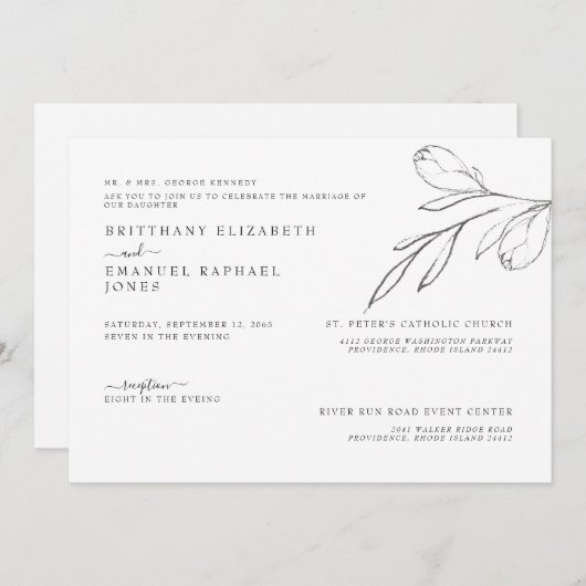シンプルな白い花嫁の親 手描きの茎 ウェディング 招待状 (正面/裏面)