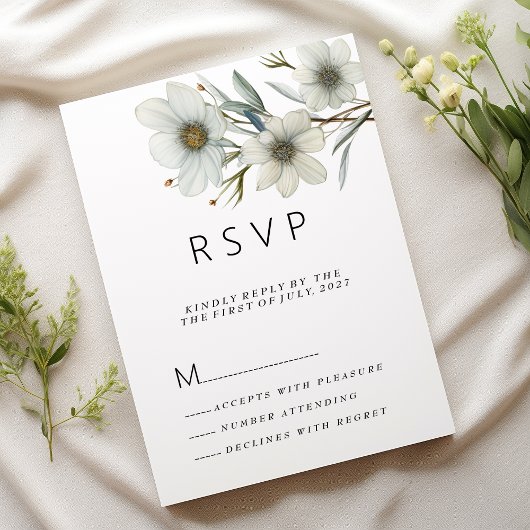 シンプルな白とミントグリーンの春の花のRSVP 招待状
