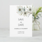 シンプルな白とミントグリーンの春の花のSave the Date 招待状 (スタンド正面)