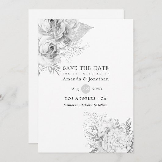 シンプルな白と銀のヴィンテージローズのウェディング セーブザデート (正面/裏面)