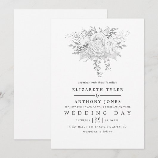 シンプルな白と銀のヴィンテージローズのウェディング 招待状 (正面/裏面)