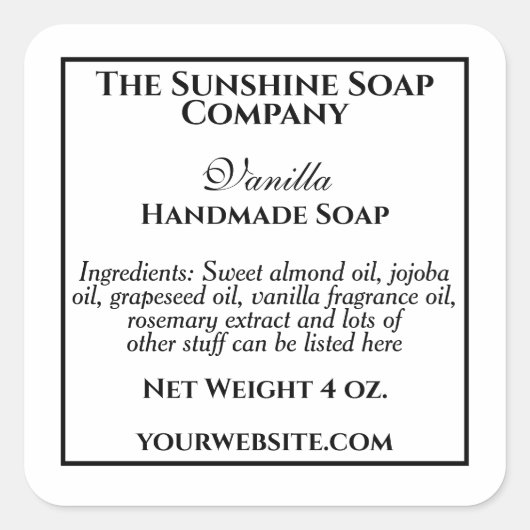 シンプルな白と黒の石鹸化粧品ラベル スクエアシール (正面)