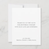 シンプルな白のミニマル スクリプト ベビーシャワー サンキューカード (裏面)