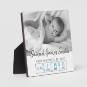 シンプルな白の新生児男の子の誕生情報 フォトプラーク (正面)