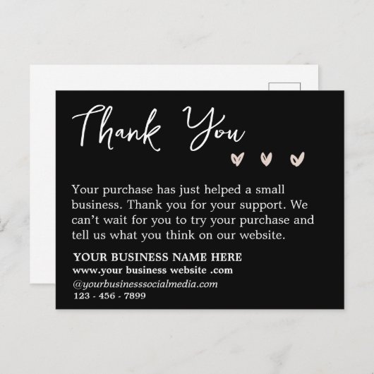 シンプルな白黒のサンキュー ビジネス ポストカード (正面/裏面)