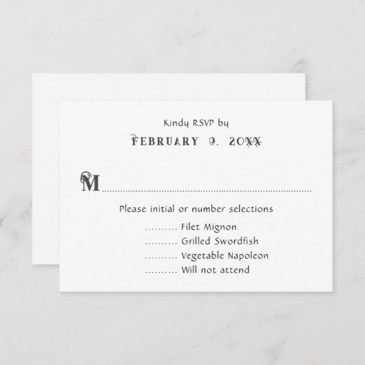 シンプルな白黒の結婚式メニュー返信カード 出欠カード (正面/裏面)