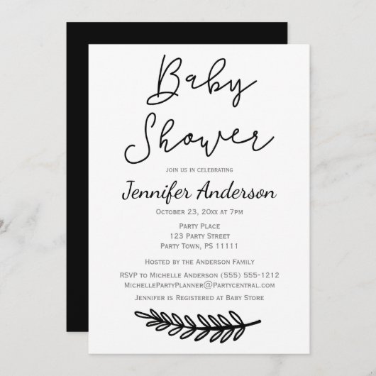 シンプルな白黒の花の植物のベビーシャワー 招待状 (正面/裏面)