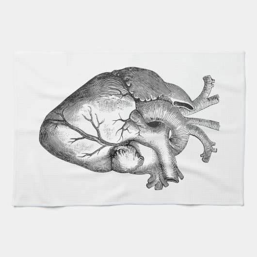 シンプルな白黒の解剖学のハートのイラストレーション キッチンタオル (横)