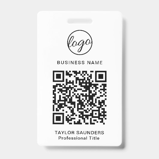 シンプルな白黒のQRコード付き社員証 バッジ (正面)