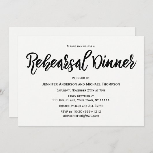 シンプルな白黒リハーサルの夕食 招待状 (正面/裏面)