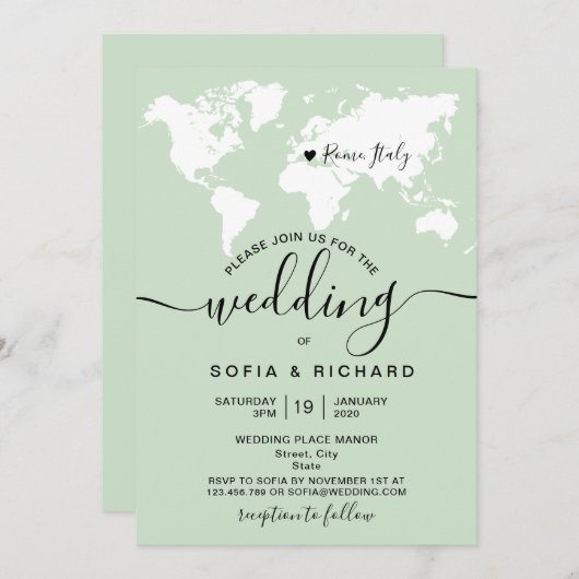 シンプルな目的地ウェディング 世界地図 水彩画 招待状 (正面/裏面)