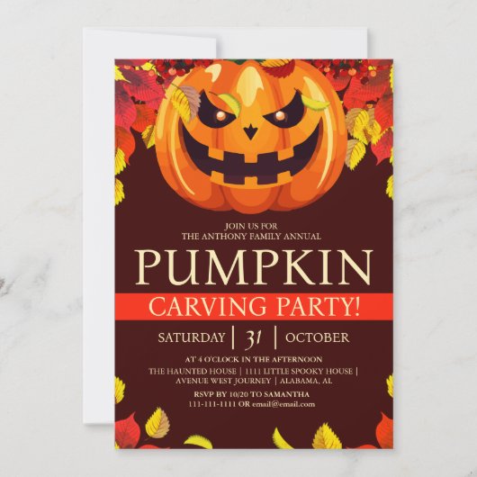 シンプルな秋のカボチャ彫りパーティ ハロウィーン 怖い 招待状 (正面)