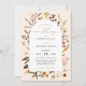 シンプルな秋のワイルドフラワー ボホ ガーデン アーチ ウェディング 招待状 (正面)