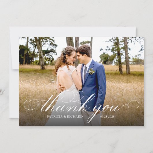 シンプルな筆記体でエレガントな結婚式のお礼の写真 カード (正面)