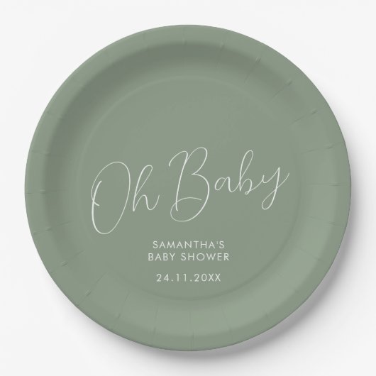 シンプルな筆記体sage+green+oh+ベビーシャワー日 ペーパープレート (正面)