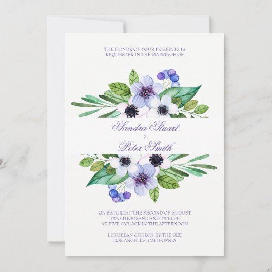 シンプルな紫とピンクの花のウェディング 招待状 (正面)