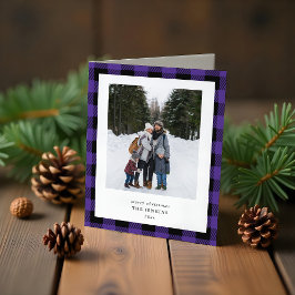 シンプルな紫と黒のチェック柄の縁取り 3枚の写真のクリスマス シーズンカード