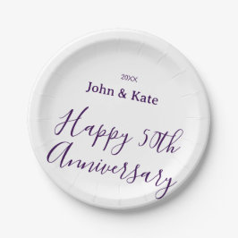 シンプルな紫の名入れの50回目の結婚記念日おめでとう ペーパープレート
