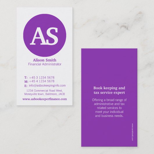 シンプルな紫色及び白い円財政の名刺 名刺 (正面/裏面)