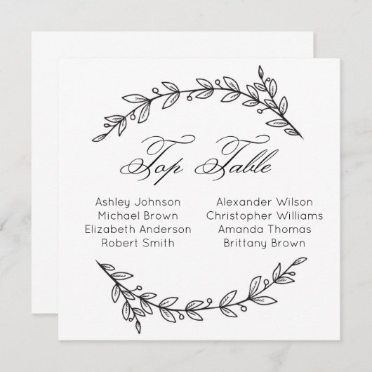 シンプルな結婚式のセンターテーブル装飾。植物の席次表 招待状 (正面/裏面)