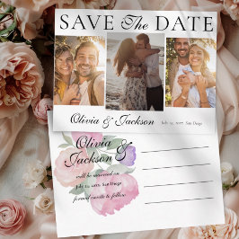 シンプルな結婚式の予定日をお知らせ 3枚の写真とフラワーデザイン 案内ポストカード