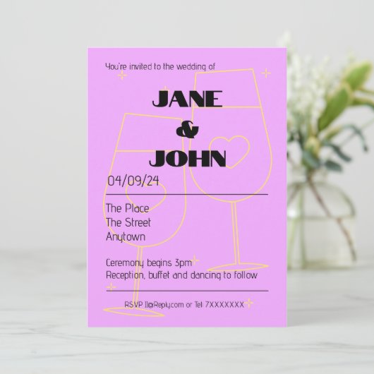 シンプルな結婚式の招待状 日付 ピンク シャンパン 愛 セーブザデート (スタンド正面)