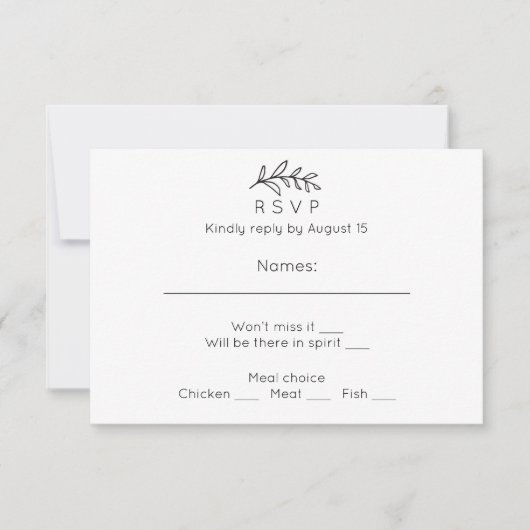 シンプルな結婚式のRSVP。黒と白の返信ハガキ 出欠カード (正面)