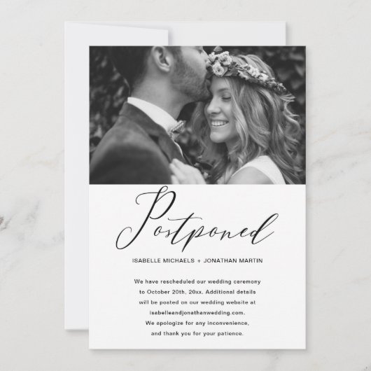 シンプルな結婚式延期 新しい日付の写真 案内状 (正面)