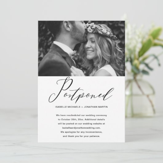 シンプルな結婚式延期 新しい日付の写真 案内状 (スタンド正面)