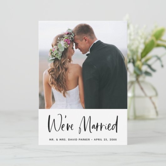 シンプルな結婚後のお知らせとパーティーの招待状 | 写真付き 招待状 (スタンド正面)