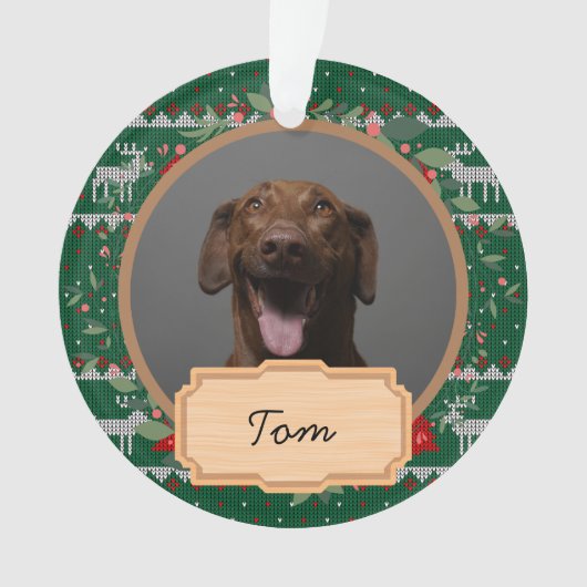 シンプルな緑のクリスマスホリデー カスタム犬写真 オーナメント (正面)