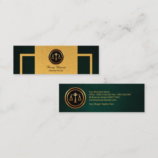 シンプルな緑のグランジな縦の金ゴールドのボーダー弁護士 スキニー名刺 (正面/裏面)